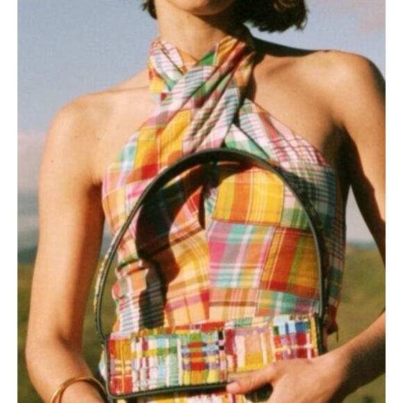 STAUD X Birkenstock Kai Cotton Patchwork Plaid Multicolor Halter Top 4 - Picture 3 of 7